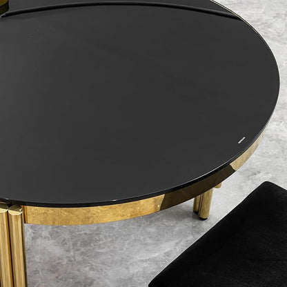 Luxury Modern 70" Oval Black Dining Table with Tempered Glass Top and Gold Stainless Steel Base – Elegant Dining Room Furniture