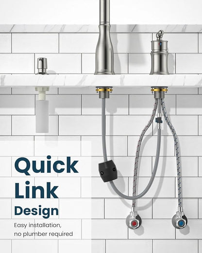 APPASO 3 Hole Kitchen Faucet with Pull Down Sprayer Brushed Nickel, 3 Pieces Kitchen Faucet with Soap Dispenser and Separate Side Handle, Stainless Steel, High Arc Sink Faucets for 2-3 Hole Sink