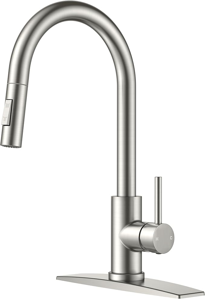 Kitchen Sink Faucet with Pull Down Sprayer, Brushed Nickel Stainless Steel Kitchen Faucets Classic High Arc Single Handle with Deck Plate for 1 or 3 Hole, Fit for Farmhouse Bar Laundry Camper