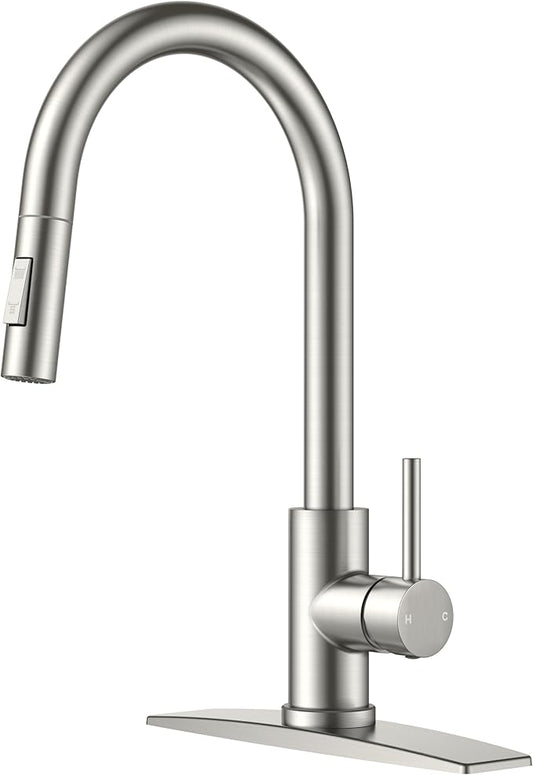 Kitchen Sink Faucet with Pull Down Sprayer, Brushed Nickel Stainless Steel Kitchen Faucets Classic High Arc Single Handle with Deck Plate for 1 or 3 Hole, Fit for Farmhouse Bar Laundry Camper