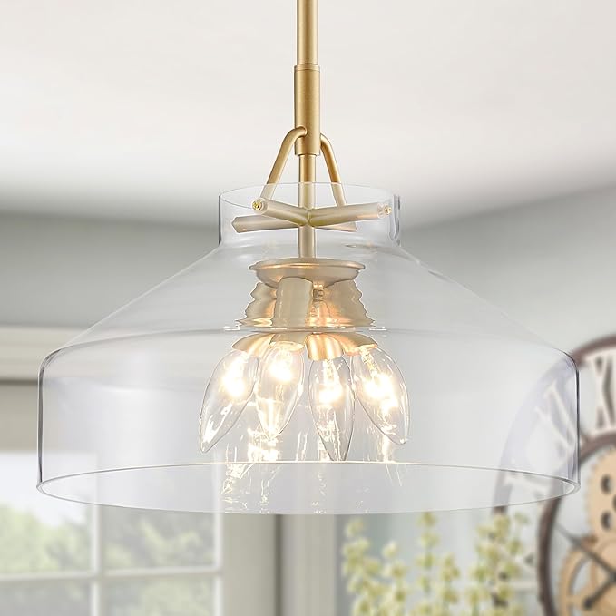 WUZUPS Chandelier Rustic Farmhouse Industrial Round Ceiling Pendant LED Light Fixture with Clear Glass Shades for Dining Room Kitchen Island Foyer Entryway, H 11.8" W 15", E26 Base, Gold