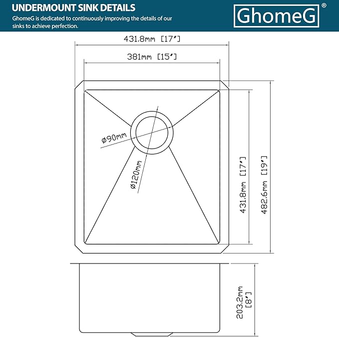 17 Undermount Kitchen Sink 17"x19"x8" Single Bowl 16 Gauge Stainless Steel Under Counter Single Bowl Kitchen Sinks Basin with Drain Strainer