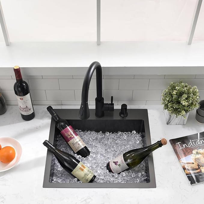 20-inch Drop In Bar Sink Black - VOKIM 20"x 19" Drop in Kitchen Sink Top Mount Handmade Small Kitchen Bar Sink 16 Gauge Stainless Steel Single Bowl sink Brushed Nickel, With Dish Grid