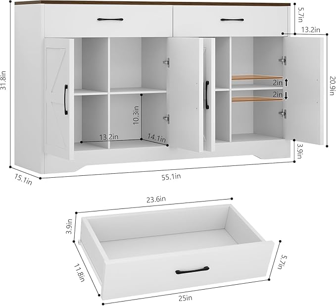 Sideboard Buffet Cabinet with Storage, 55.1" Large Kitchen Storage Sideboard with Drawers & Doors, Modern Wood Farmhouse Coffee Bar Cabinet, Buffet Table for Kitchen, Living Room, White, 55.1INCH