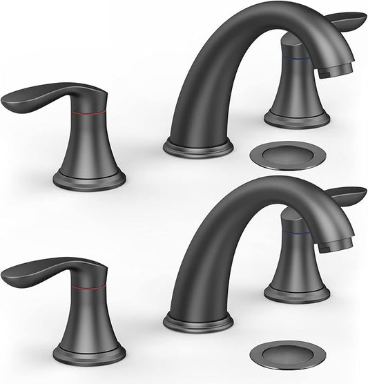 Bathroom Sink Faucet, Faucet for Bathroom Sink, Widespread Matte Black Bathroom Faucet 3 Hole with Stainless Steel Pop Up Drain and cUPC Lead-Free Hose - (Matte Black 2 Packs)