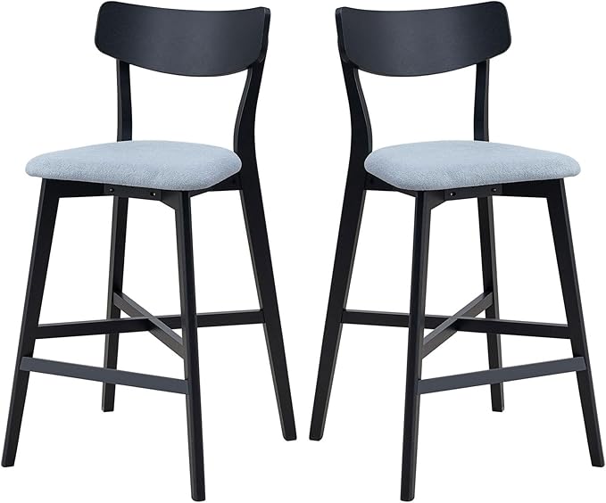 Bar Chairs Set of 2, Counter Height Stools - Modern Upholstered Kitchen Island Chairs with Backrest & Footrest - Black Wood Frame
