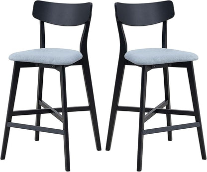 Bar Chairs Set of 2, Counter Height Stools - Modern Upholstered Kitchen Island Chairs with Backrest & Footrest - Black Wood Frame
