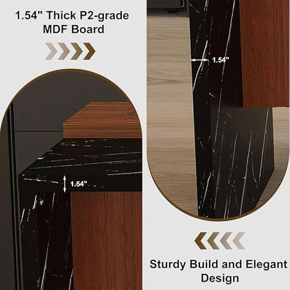 63" Large Imitation Marble Dining Table with LED Lights, Modern Kitchen Island Table for 4–6 People, Bar Height Dining Table with Marble Stripes & Grille Base Design,Black