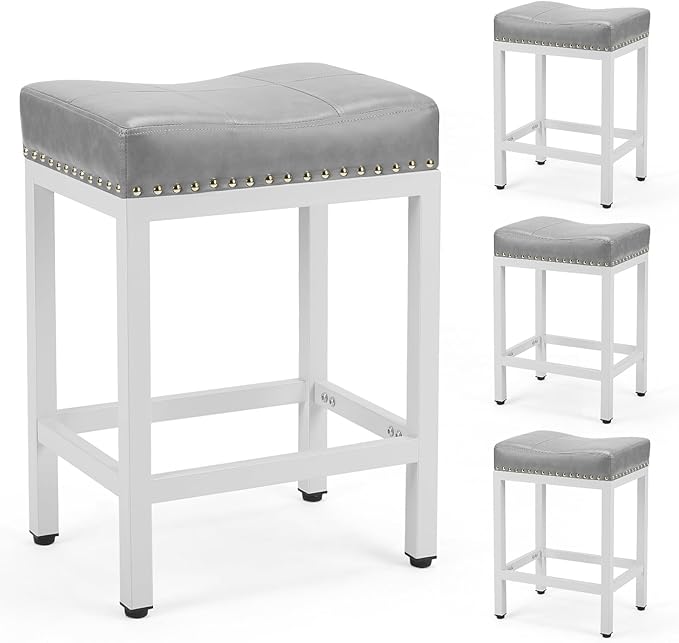 DUMOS Saddle Bar Stools Set of 4, 24 Inch Counter Height Stools with Curved PU Leather Surface, 3.7" Thick Upholstery Bar Height Stools with Footrest for Kitchen Island, Dining, Cafe, Gray