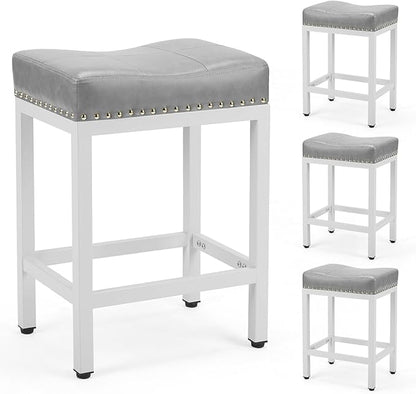 DUMOS Saddle Bar Stools Set of 4, 24 Inch Counter Height Stools with Curved PU Leather Surface, 3.7" Thick Upholstery Bar Height Stools with Footrest for Kitchen Island, Dining, Cafe, Gray