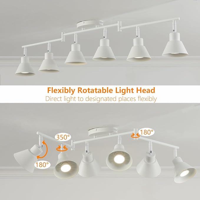 Modern 6-Light Track Lighting Fixture, Matte White Metal Ceiling Spotlight with Flexible Rotatable Heads, GU10 Base Directional Track Light for Kitchen, Hallway, Living Room & Gallery