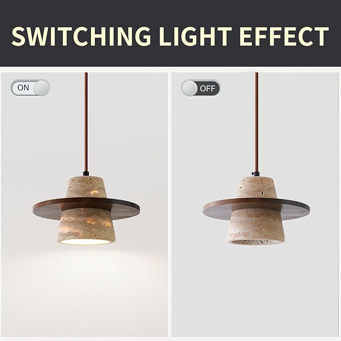 Japanese Wabi sabi Pendant Light with Natural Stone Shade, Dimmable Modern Wood Hanging Lamp Fixture, Adjustable Height Pendant Lamp for Bedroom, Kitchen Island, Dining Room, Restaurant, Cafe, Bar (J)