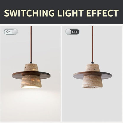 Japanese Wabi sabi Pendant Light with Natural Stone Shade, Dimmable Modern Wood Hanging Lamp Fixture, Adjustable Height Pendant Lamp for Bedroom, Kitchen Island, Dining Room, Restaurant, Cafe, Bar (J)