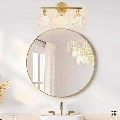 Gold Bathroom Light Fixtures Over Mirror, 3 Light Bathroom Vanity Light Fixture with Tulip Transparent Glass Lampshade, Vintage Vanity Lights for Bathroom, Bathroom Vanity Lights Over Mirror