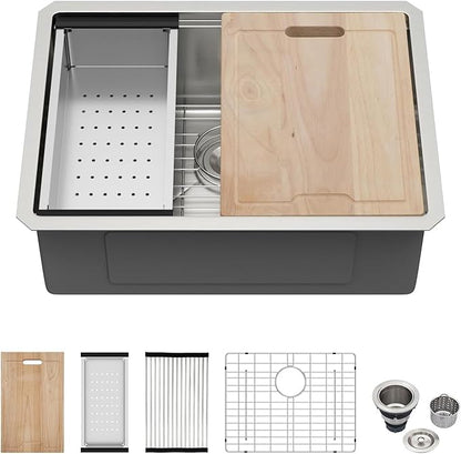 Kichae 25 Undermount Kitchen Sink - 25"x19" Kitchen Sink Stainless Steel Ledge Workstation Single Bowl Under Counter All In One Deep Basin Round Corner