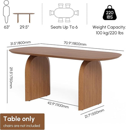 homary Japandi Oval Dining Table for 6, 70.9" Solid Pine Wood Kitchen Table, Modern Mid Century Minimalist Kitchen & Dining Room Table, Double Pedestal Base, Walnut