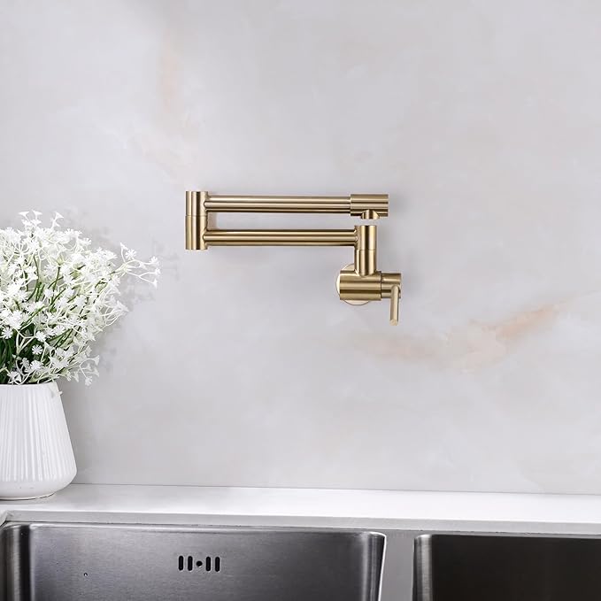 Avola Gold Pot Filler Faucet Wall Mount, Pot Filler Kitchen Faucet 360 Swing Arm Folding Stretchable with Single Hole Faucet,Brushed Gold Finish