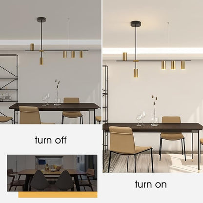 Siittoo Modern Kitchen Island Light with Remote, Dimmable LED Linear Pendant Light, 39.3" Black Gold Dining Room Light Fixture Over Table (30W, 5-Light)