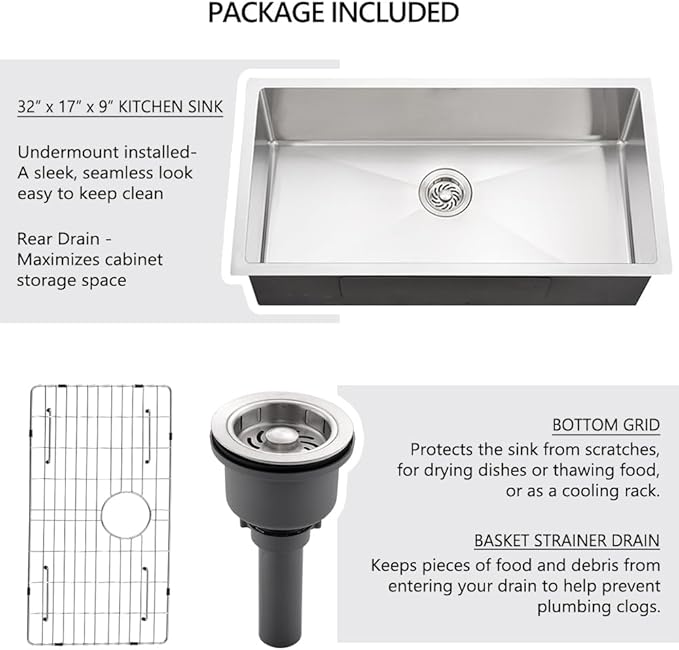 32 Stainless Steel Kitchen Sink Undermount, Dorzom 32" x 17" x 9" Stainless Steel Single Bowl 18 Gauge Under Mount Kitchen Sink