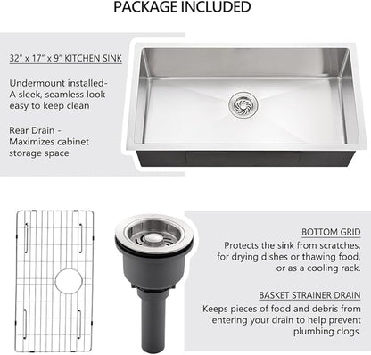 32 Stainless Steel Kitchen Sink Undermount, Dorzom 32" x 17" x 9" Stainless Steel Single Bowl 18 Gauge Under Mount Kitchen Sink