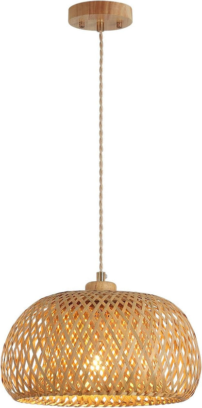Bamboo Pendant Light Fixture One-Light Adjustable Boho Basket Handmade Woven Pendant Lighting for Kitchen Island Sink Farmhouse Dining Room