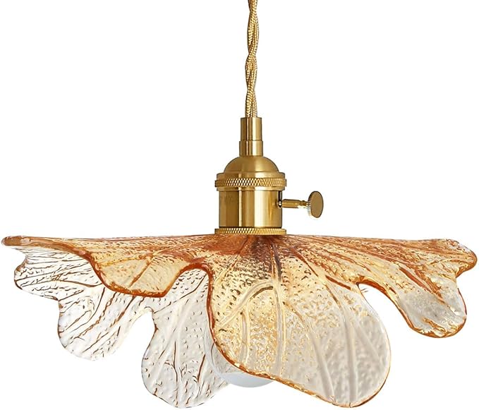 Amber Glass Pendant Lights for Dining Table Mid Century Flower Pendant Lamp with Blown Shade Vintage Gold Brass Adjustable Hanging Light for Kitchen Cabinets Bedroom entryway