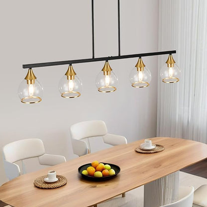 Island Light for Kitchen, 5-Light Black Kitchen Island Linear Hanging Pendant Chandeliers, Black and Gold Dining Room Light Fixture Over Table with Clear Round Glass Shades