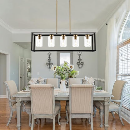 VINLUZ Farmhouse Chandeliers for Kitchen Island with Clear Glass Shade Black and Brushed Brass 5 Light Dining Room Lighting Fixtures Hanging, Rectangle Pendant Lights Industrial Ceiling Light