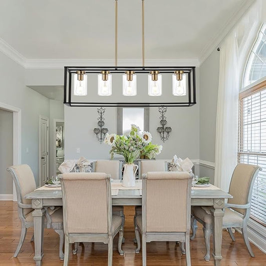 VINLUZ Farmhouse Chandeliers for Kitchen Island with Clear Glass Shade Black and Brushed Brass 5 Light Dining Room Lighting Fixtures Hanging, Rectangle Pendant Lights Industrial Ceiling Light