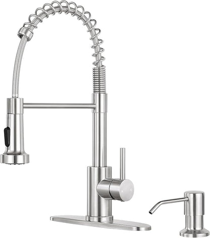 Kitchen Sink Faucet with Soap Dispenser,Commercial Single Handle Kitchen Faucets with Deck Plate (Brush Nickel)