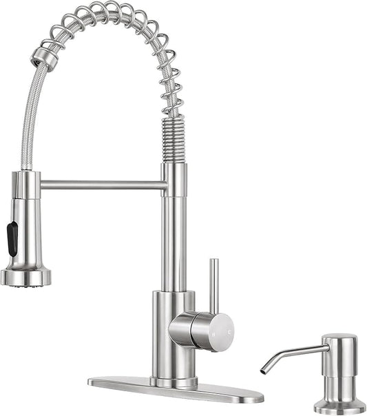 Kitchen Sink Faucet with Soap Dispenser,Commercial Single Handle Kitchen Faucets with Deck Plate (Brush Nickel)