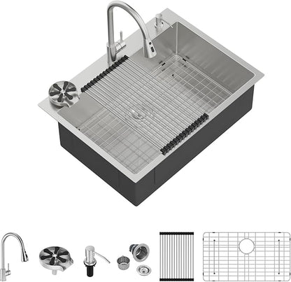Mocoloo Drop In Kitchen Sink with Faucet Combo 16 Gauge Stainless Steel Single Bowl 30 Inch Drop In Sink with Cup Washer, Pull-out Faucet, and Soap Dispenser, 30''x22''x9'' Topmount Kitchen Sinks