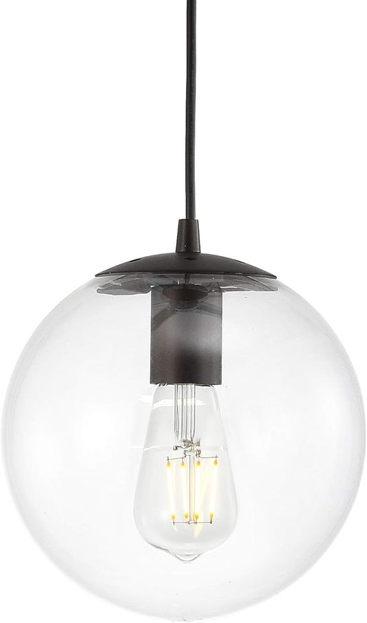 JONATHAN Y 7.75" Clear/Oil Rubbed Bronze Modern Globe LED Pendant Light, Industrial Hanging Ceiling Lamp for Kitchen Island, White Glass Globe Shade, LED Bulb Included (JYL9528D)