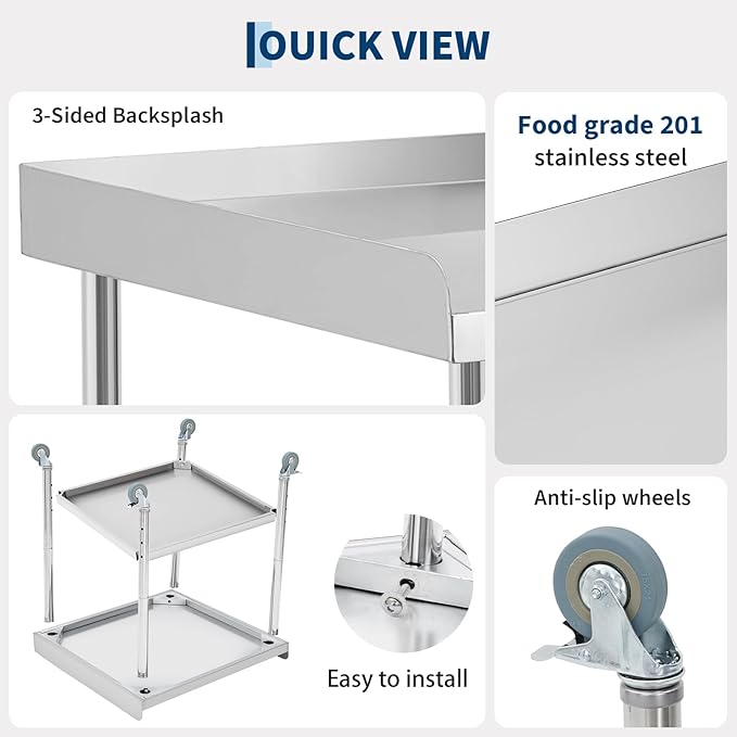 Garvee Stainless Steel Table,Heavy-Duty Prep Table with Non-Removable Backsplash,Versatile Commercial Worktable with 4 Wheels for Kitchens&Restaurants,30 * 30 * 30Inch (30 * 30 * 30inch)