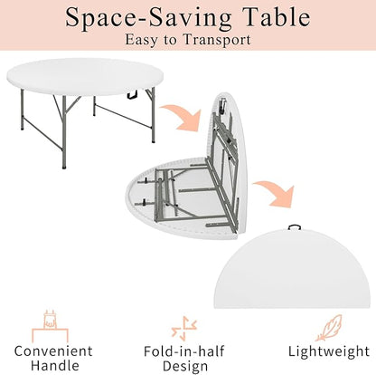 5 FT Round Folding Tables with Carrying Handle 60 inch Heavy Duty Portable Plastic Commercial Table Steel Legs for Party, Dining, Wedding, Events, Picnic Indoor, Outdoor (White,1 Pack)
