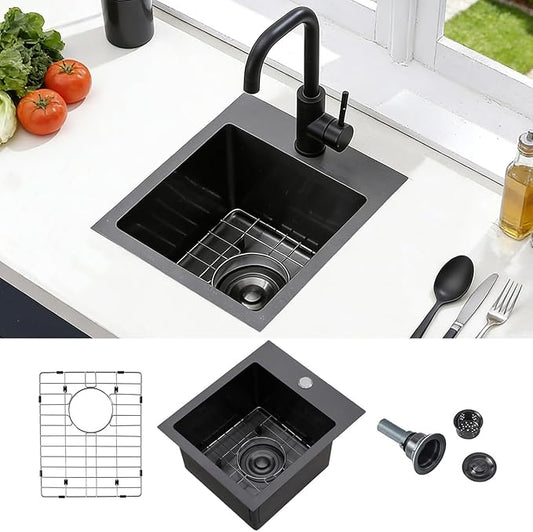 13x15 Inch Black Drop In Bar Sink, Black Small Bar Sink, Stainless Steel Bar Prep Sink, Kitchen Wet Sink for RV, Laundry, Single Bowl 16 Gauge Bar Sink with Bottom Grid, Strainer