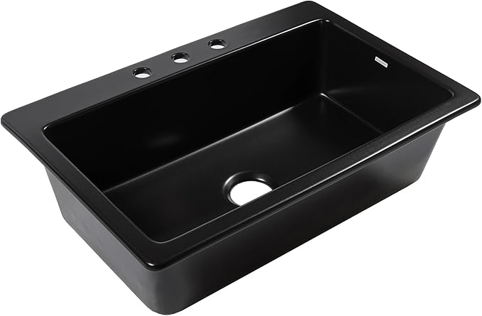 Sinkology Jackson 33 Inch Black Fireclay Drop-In Kitchen Sink, Single Bowl, 3 Faucet Holes, Fits 36 Inch Cabinet, Surefire Finish