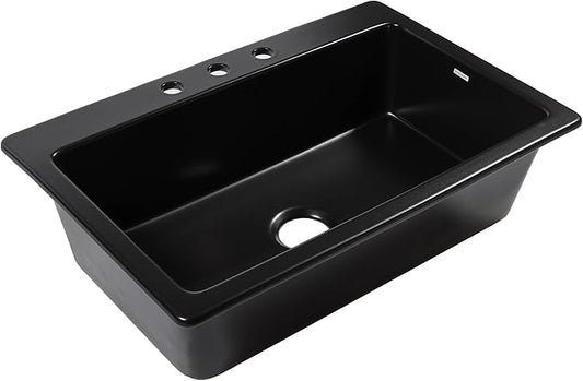 Sinkology Jackson 33 Inch Black Fireclay Drop-In Kitchen Sink, Single Bowl, 3 Faucet Holes, Fits 36 Inch Cabinet, Surefire Finish