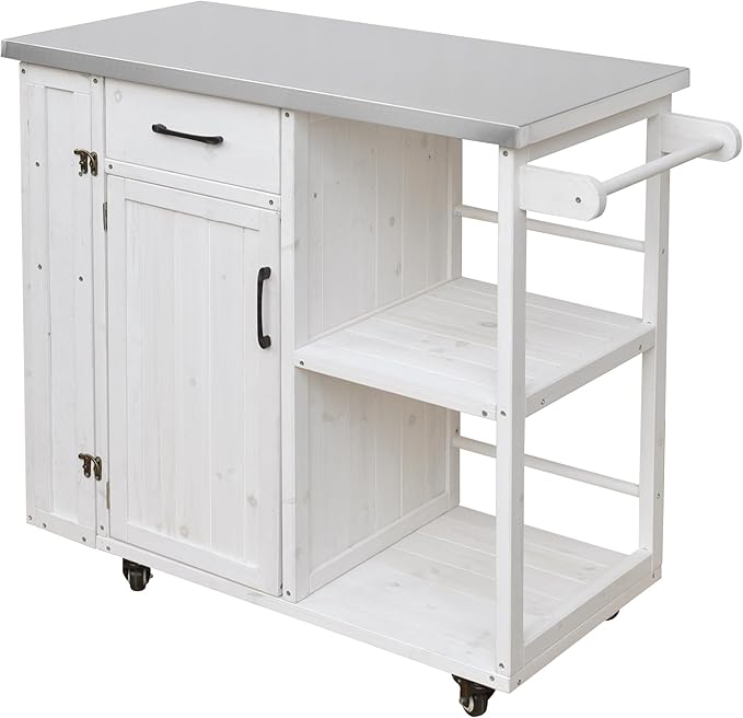 MERITLINE Outdoor Kitchen Island with Stainless Steel Top, Lockable Wheels & Towel Rack, Mobile BBQ Prep Cart with Hidden Cabinet, Drawer, Shelves for Patio, Garden, Backyard, White