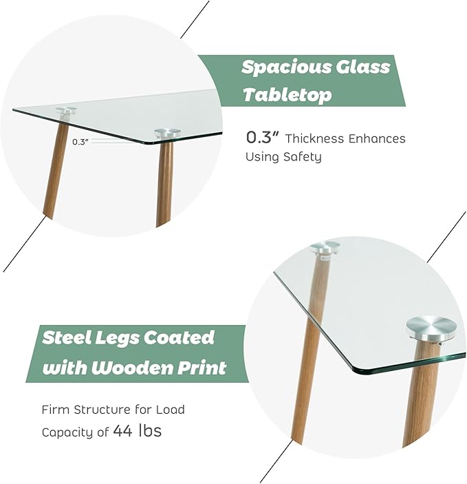 Moccha 51” Glass Dining Table, Modern Rectangular Table with Spacious Tempered Glass Tabletop & Wood Grain Metal Legs, Adjustable Foot Pads, Transparent Kitchen Table for Home Office
