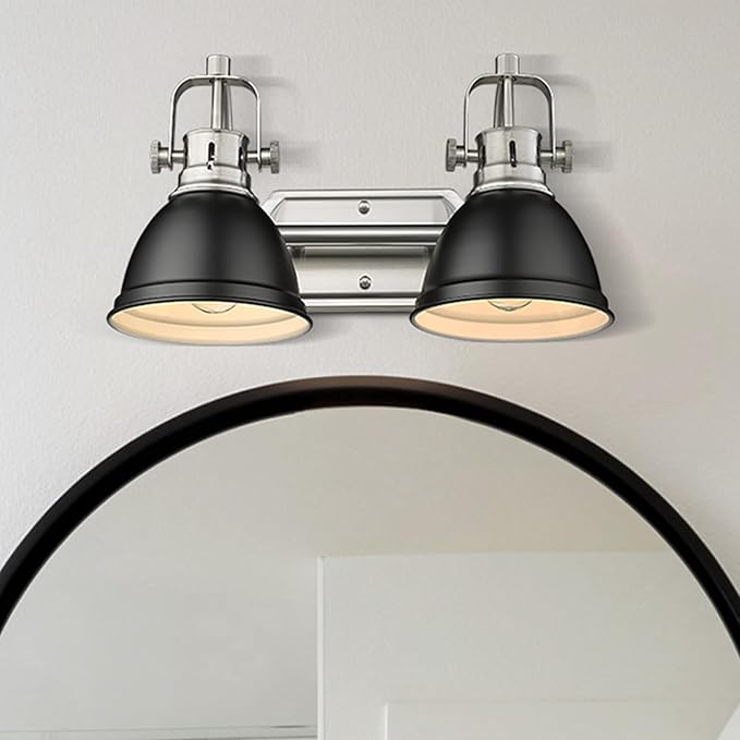 Emliviar Modern Vanity Light, Industrial 2-Light Bathroom Wall Light Fixtures, Black and Brushed Nickel Finish with Metal Shade, 4054-2W BN+BK