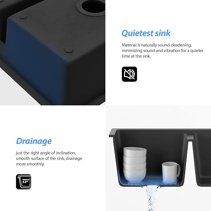 Lordear 31 Black Kitchen Sink Double Bowl Quartz Undermount Kitchen Sink Granite Composite Metallic Black Deep Double Bowl 50/50 Kitchen Sinks with Accessories