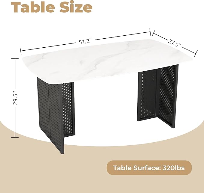 51" White Marble Dining Table, 4-6 Person Modern Kitchen Dining Room Tables with Marble Pattern Tempered Glass Top and Black Hollow-Out Metal Base, Space Saving Rectangle Dinner Table for Home