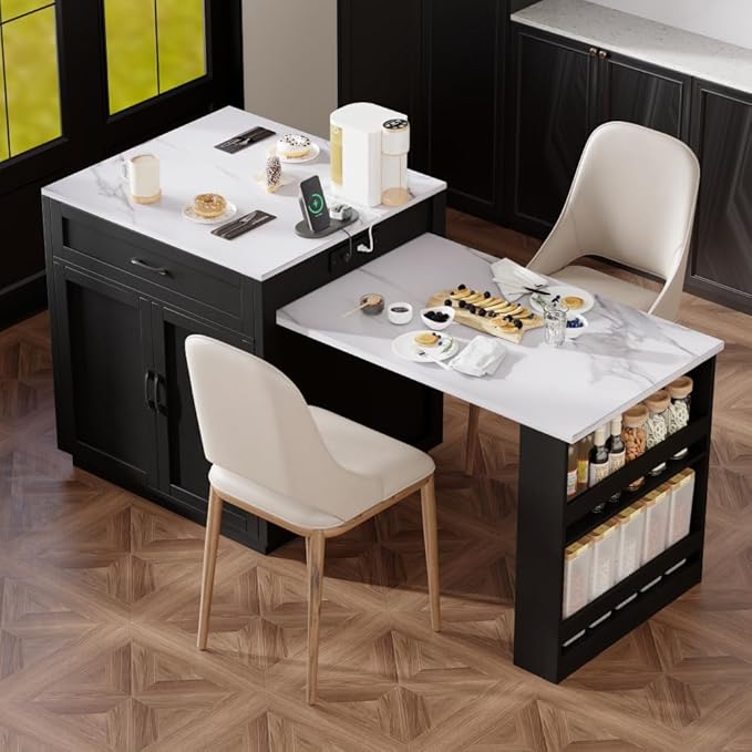 Kitchen Island with Extendable Dining Table for 4-6 Person,Two-tone Table with Double-sized Storage, Power Outlet, Kitchen island with Storage 2 Drawers 2 Side Open Shelves,White (Black Wood Grain)