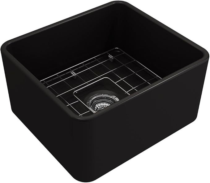 BOCCHI Classico Farmhouse Apron Front Fireclay 20 in. Single Bowl Kitchen Sink with Protective Bottom Grid and Strainer in M.Black