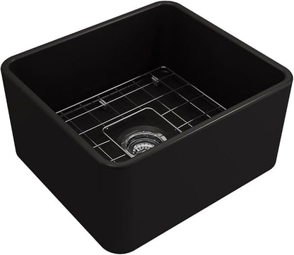 BOCCHI Classico Farmhouse Apron Front Fireclay 20 in. Single Bowl Kitchen Sink with Protective Bottom Grid and Strainer in M.Black