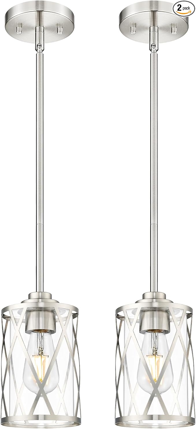 Beionxii 2 Pack Brushed Nickel Pendant Lights Kitchen Island, Glass Pendant Light Fixtures with Clear Glass and Rods, Kitchen Pendant Lighting Over Island, BX-PL07BN-2PK