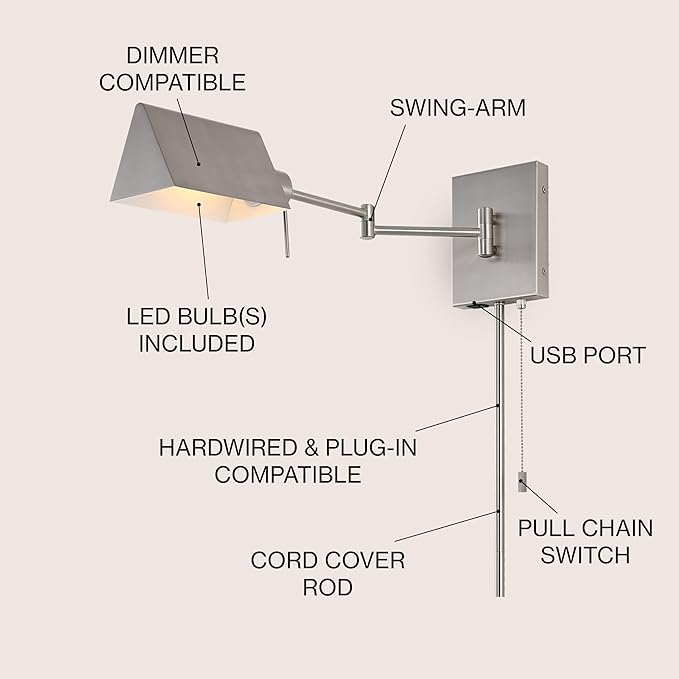 JONATHAN Y 22" Nickel Swing Arm Wall Sconce, Plug-in or Hardwired with USB Charging Port and Pull Chain, Iron Shade, Industrial LED Reading Lamp (JYL6015C)