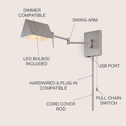 JONATHAN Y 22" Nickel Swing Arm Wall Sconce, Plug-in or Hardwired with USB Charging Port and Pull Chain, Iron Shade, Industrial LED Reading Lamp (JYL6015C)