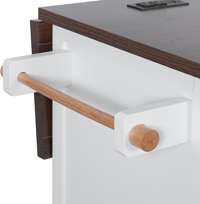 RUNNA 54.9" Kitchen Island with Drop Leaf,Power Outlet, Kitchen Storage Cart with 4 Door Shelves,Cross Barn Doors & Visual Glass Door,Rolling on 4 Wheels for Kitchen,Dining Room (White#77)